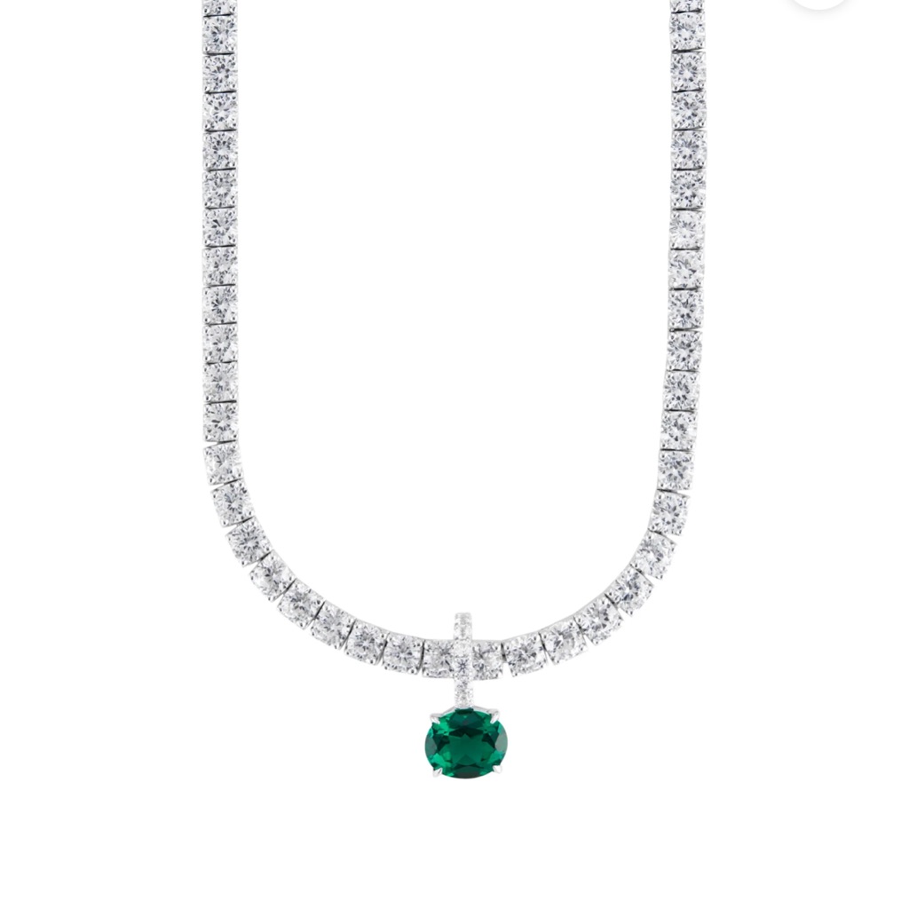 Kate Rivire Necklace In 3.75mm Lab White Sapphire 16in With Emerald Pendant
